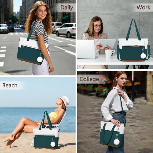 Women Dark Green With White Multi-Pocket Waterproof Canvas Tote Bags with Zipper - Picture 6 of 6